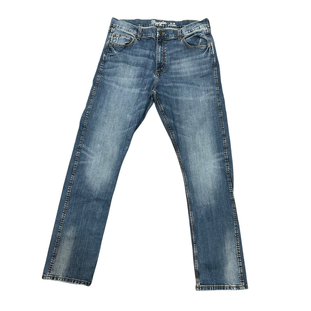 Wrangler Retro Slim Straight Blue Jeans Mens 38x35 Stretch Denim Western Cowboy
